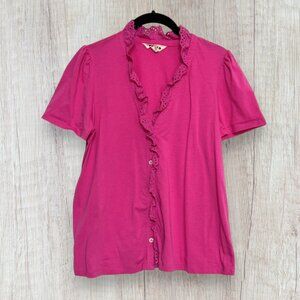 Boden Pink Eyelet Ruffle Trim Short Sleeve Button Front Blouse Women’s Size 8